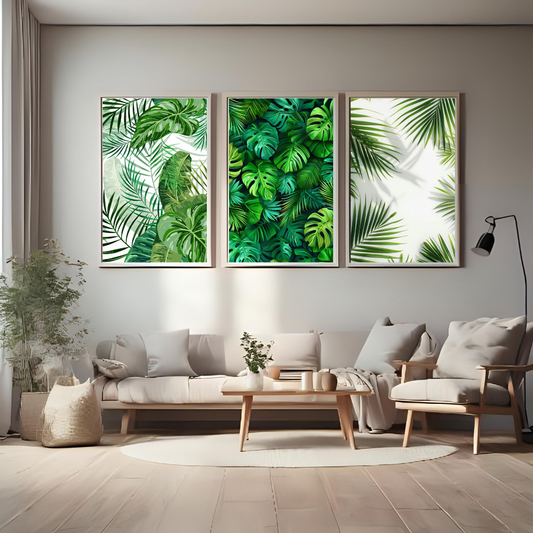 🌿 Tropical Jungle Wall Art Set of 3 – Green Botanical Leaf Posters 🌱✨