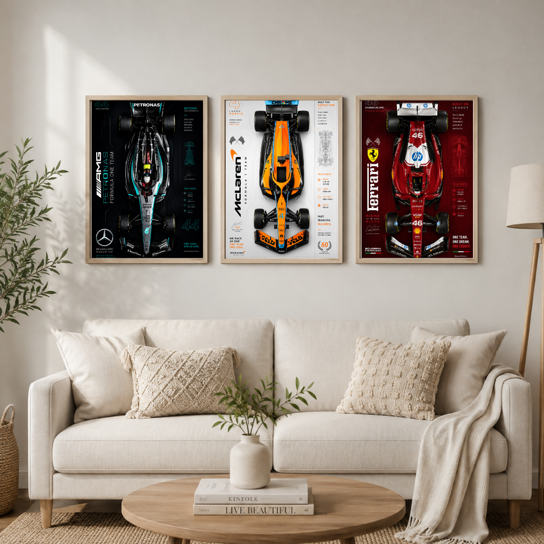 Formula Racing Legends Triptych – Motorsport Car Blueprint Framed Wall Art Set