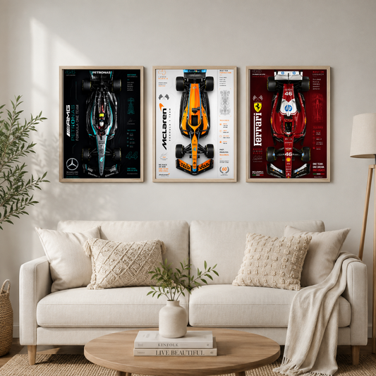 Formula Racing Legends Triptych – Motorsport Car Blueprint Framed Wall Art Set