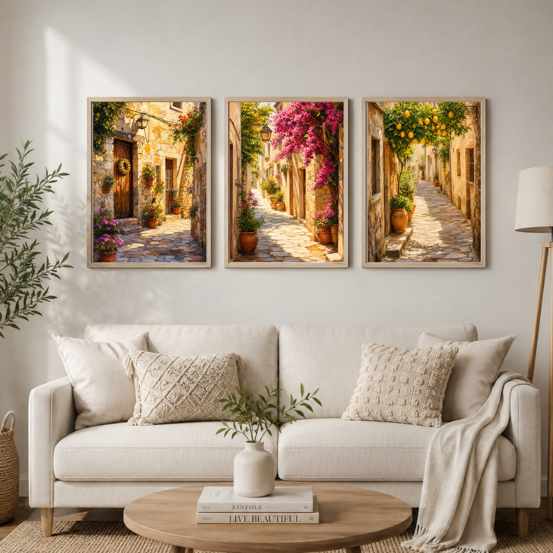 Mediterranean Summer Streets Triptych – Rustic European Village Framed Wall Art Set