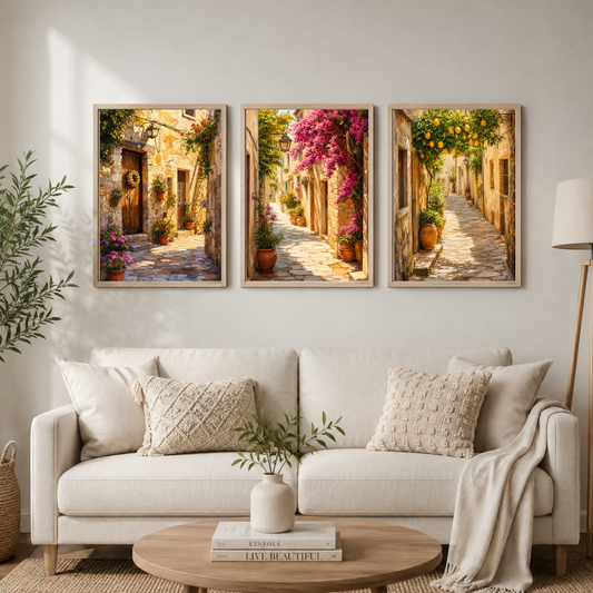 Mediterranean Summer Streets Triptych – Rustic European Village Framed Wall Art Set