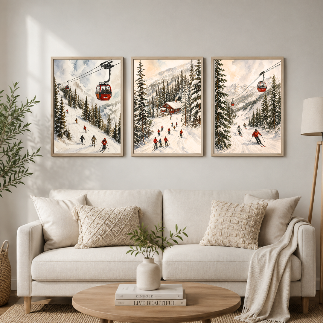 Winter Ski Resort Triptych – Snowy Mountain & Skiing Framed Wall Art Set