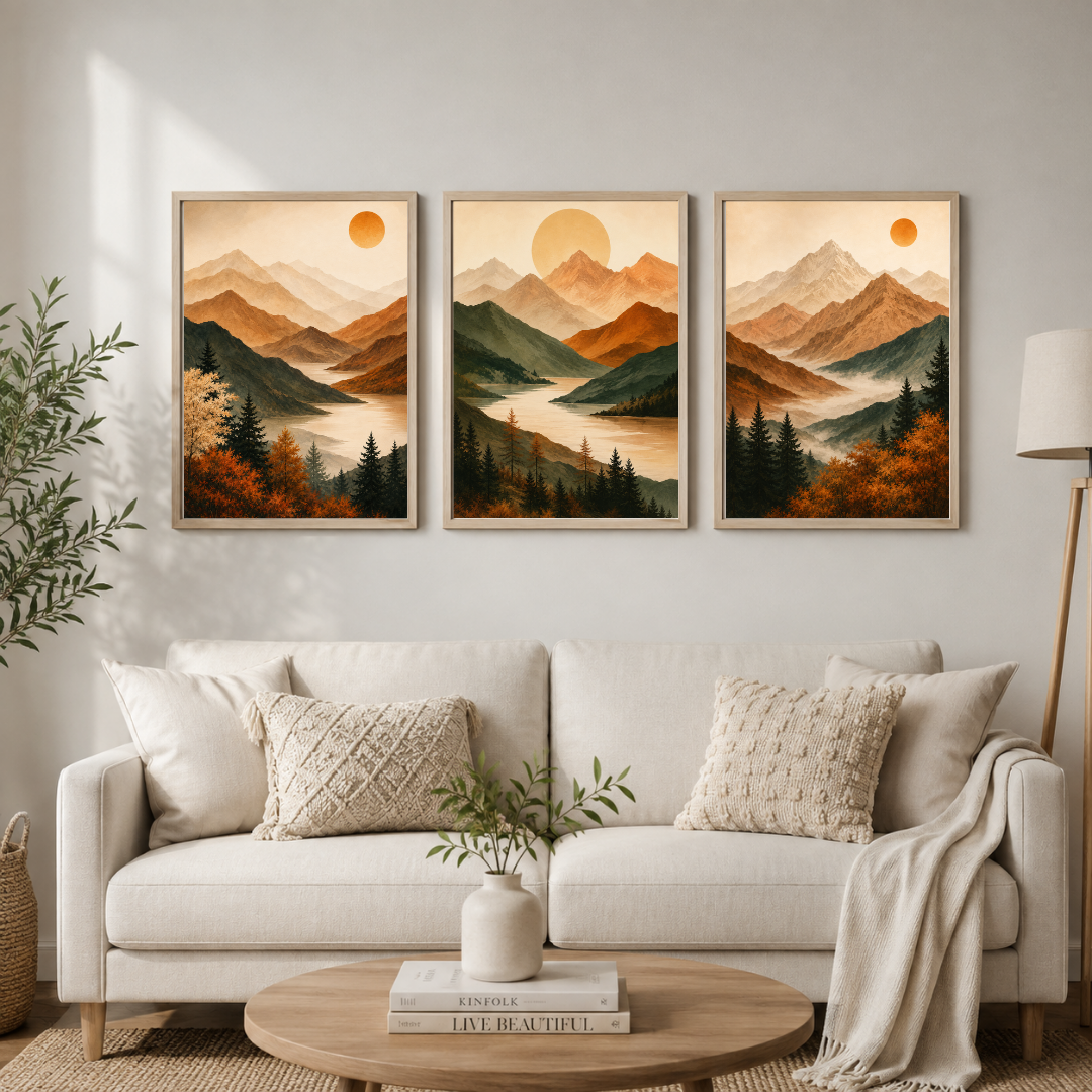 Golden Mountain Serenity – 3 Piece Landscape Wall Art Set