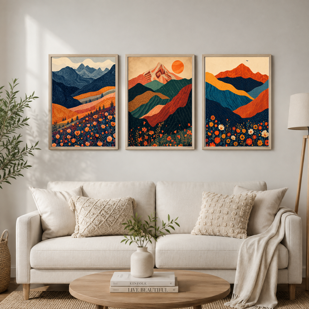 Sunset Meadow Mountains – 3 Piece Landscape Wall Art Set