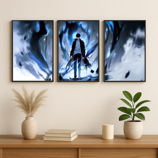 Solo Leveling – 3 Panel Split Poster Wall Art ⚔️💙