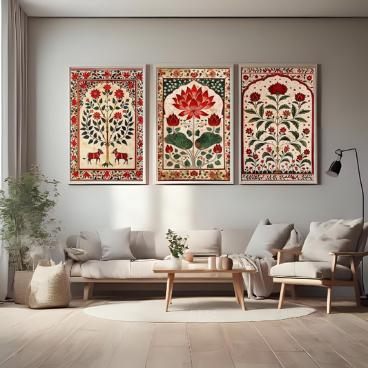 🎨 Traditional Indian Folk Art Wall Poster Set of 3 – Lotus & Floral Motifs 🌺✨