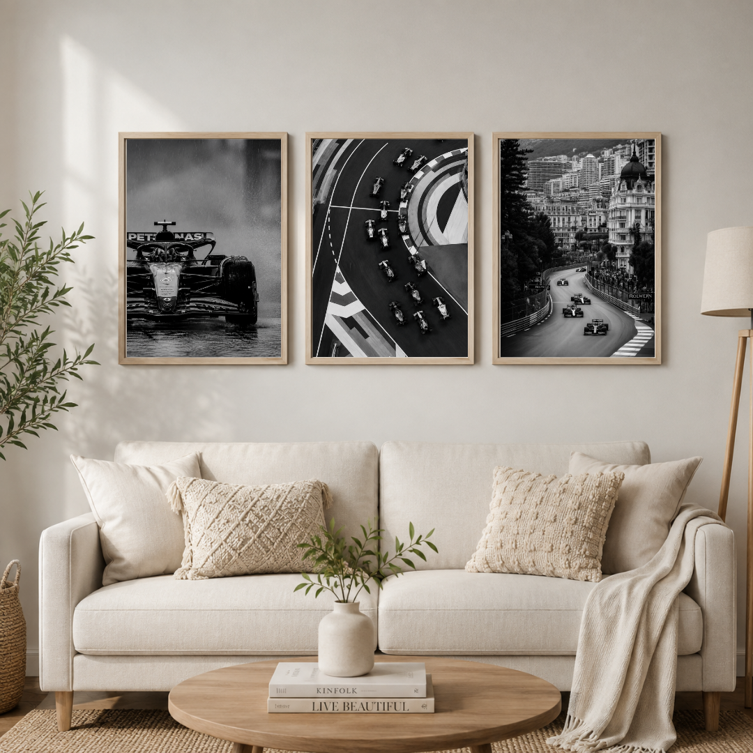 Formula 1 Motorsport Wall Art – Monochrome Racing Collection Set of 3