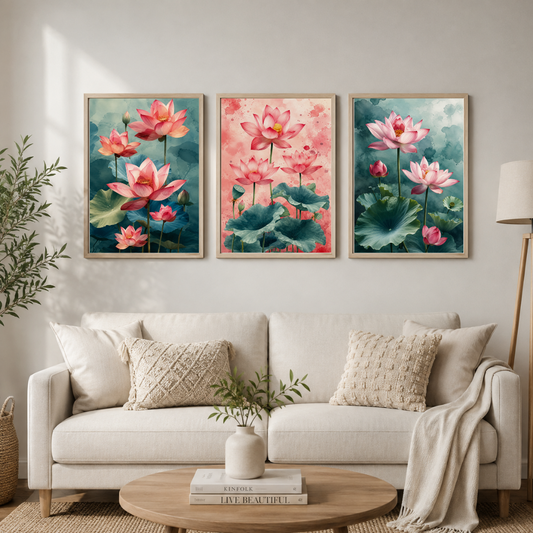 Pink Lotus Serenity – Watercolor Lotus Flower Framed Wall Art Set of 3