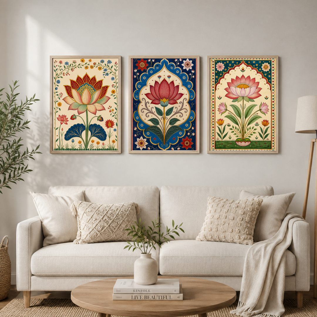 Lotus Heritage – Traditional Lotus Floral Framed Wall Art Set of 3