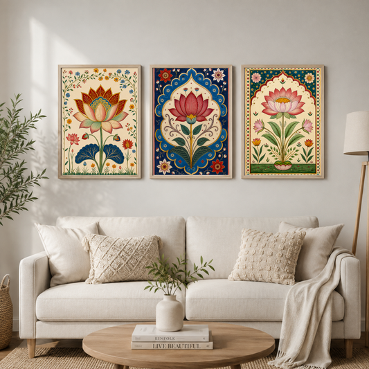 Lotus Heritage – Traditional Lotus Floral Framed Wall Art Set of 3