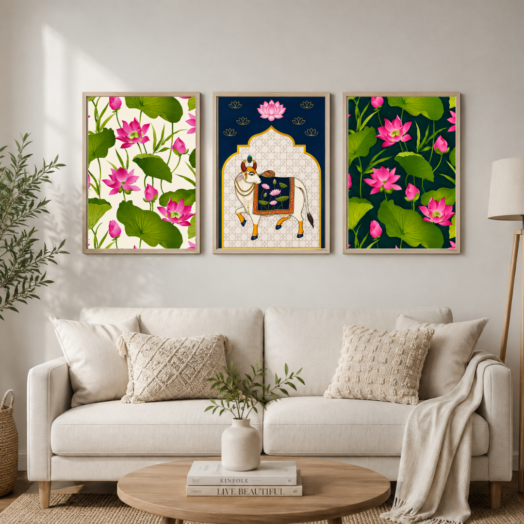 Lotus & Sacred Cow – Traditional Indian Floral Framed Wall Art Set of 3