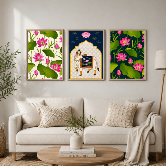 Lotus & Sacred Cow – Traditional Indian Floral Framed Wall Art Set of 3