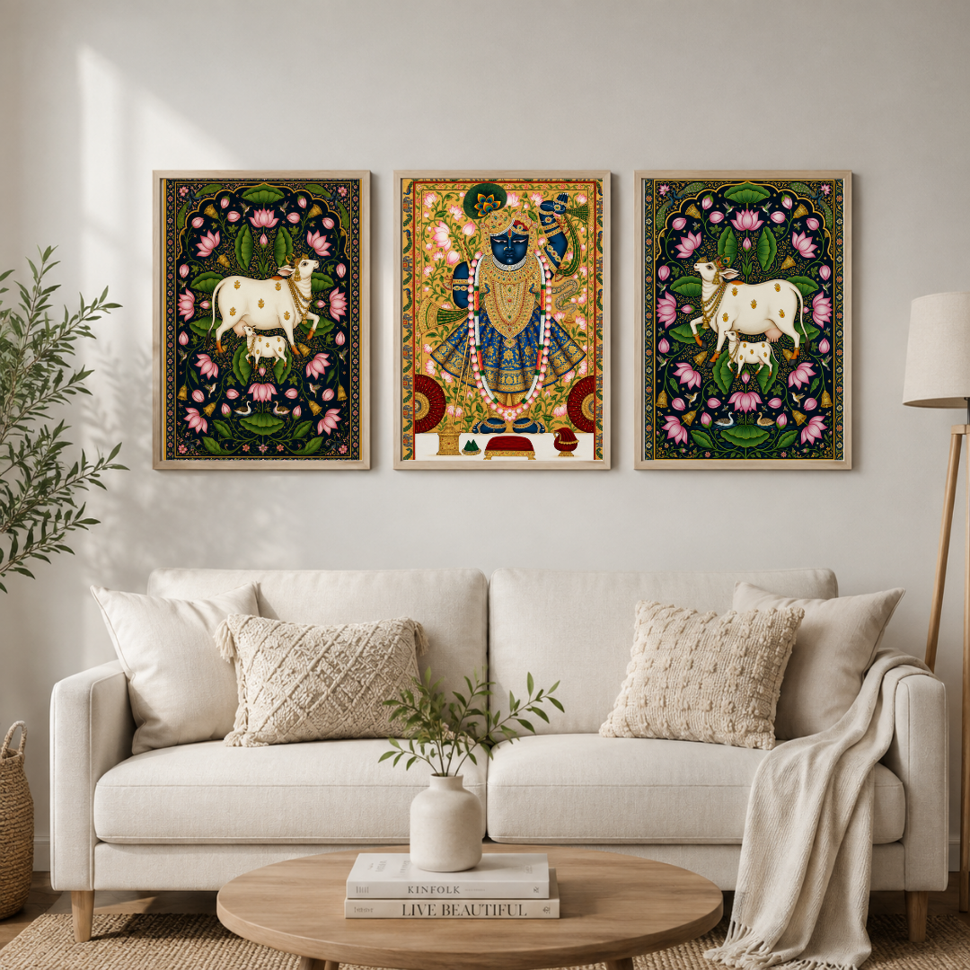 Shri Krishna & Sacred Cow – Traditional Indian Art Framed Wall Art Set of 3