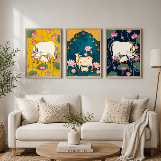Madhubani Sacred Cow & Lotus – Traditional Indian Art Framed Wall Art Set of 3