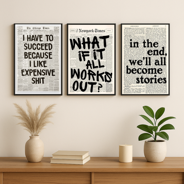 Motivational Newspaper Quote Wall Art Set – Bold Typography Poster Trio (Set of 3) | Decorxhome