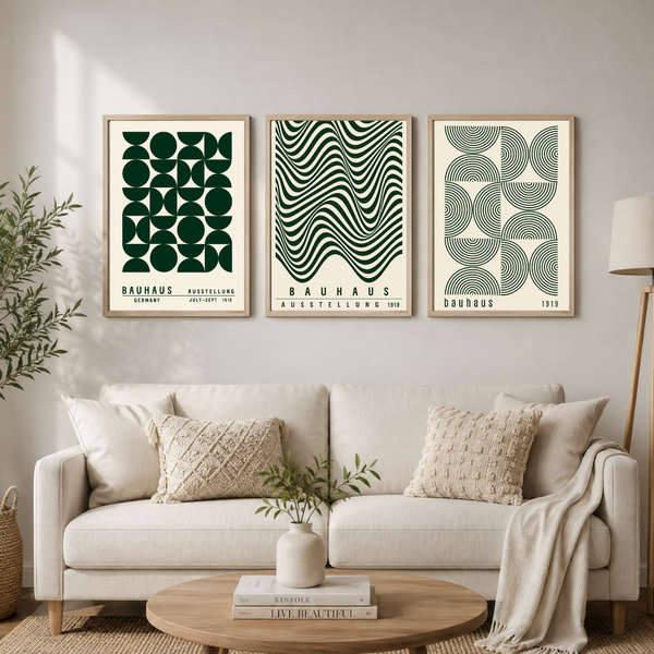 Bauhaus Geometric Abstract Wall Art Set of 3 | Minimalist Green & Beige Framed Posters