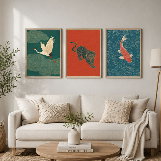 Japanese-Inspired Crane, Tiger & Koi Wall Art Set of 3 | Oriental Framed Art Collection