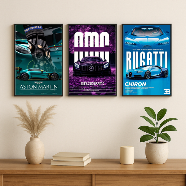 Luxury Supercar Wall Art Set – Aston Martin, Mercedes AMG & Bugatti Poster Trio (Set of 3) | Decorxhome