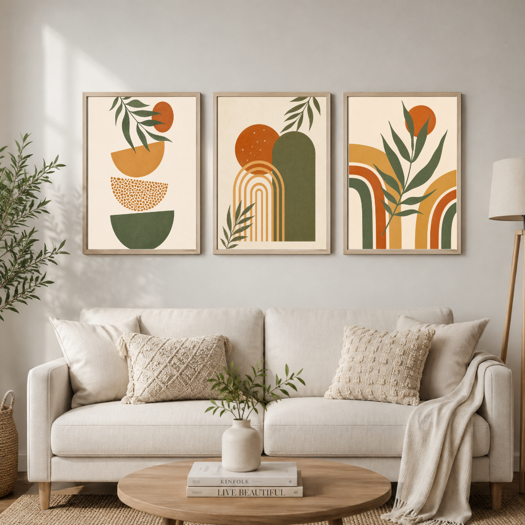 Abstract Botanical & Geometric Wall Art Set of 3 | Modern Boho Framed Prints