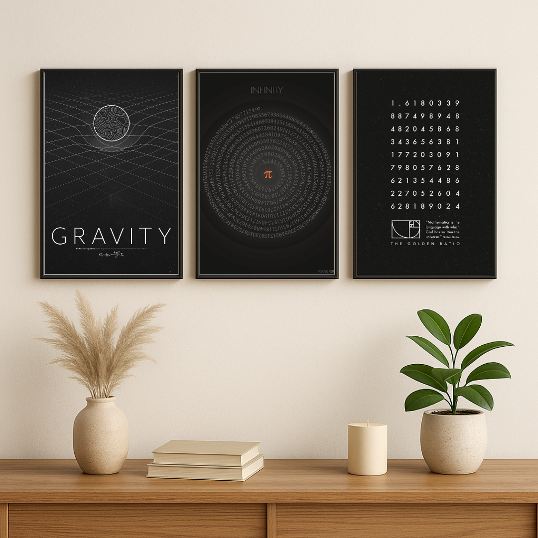 Mathematics & Infinity Wall Art Set – Gravity, Pi & Golden Ratio Minimal Poster Trio (Set of 3) | Decorxhome