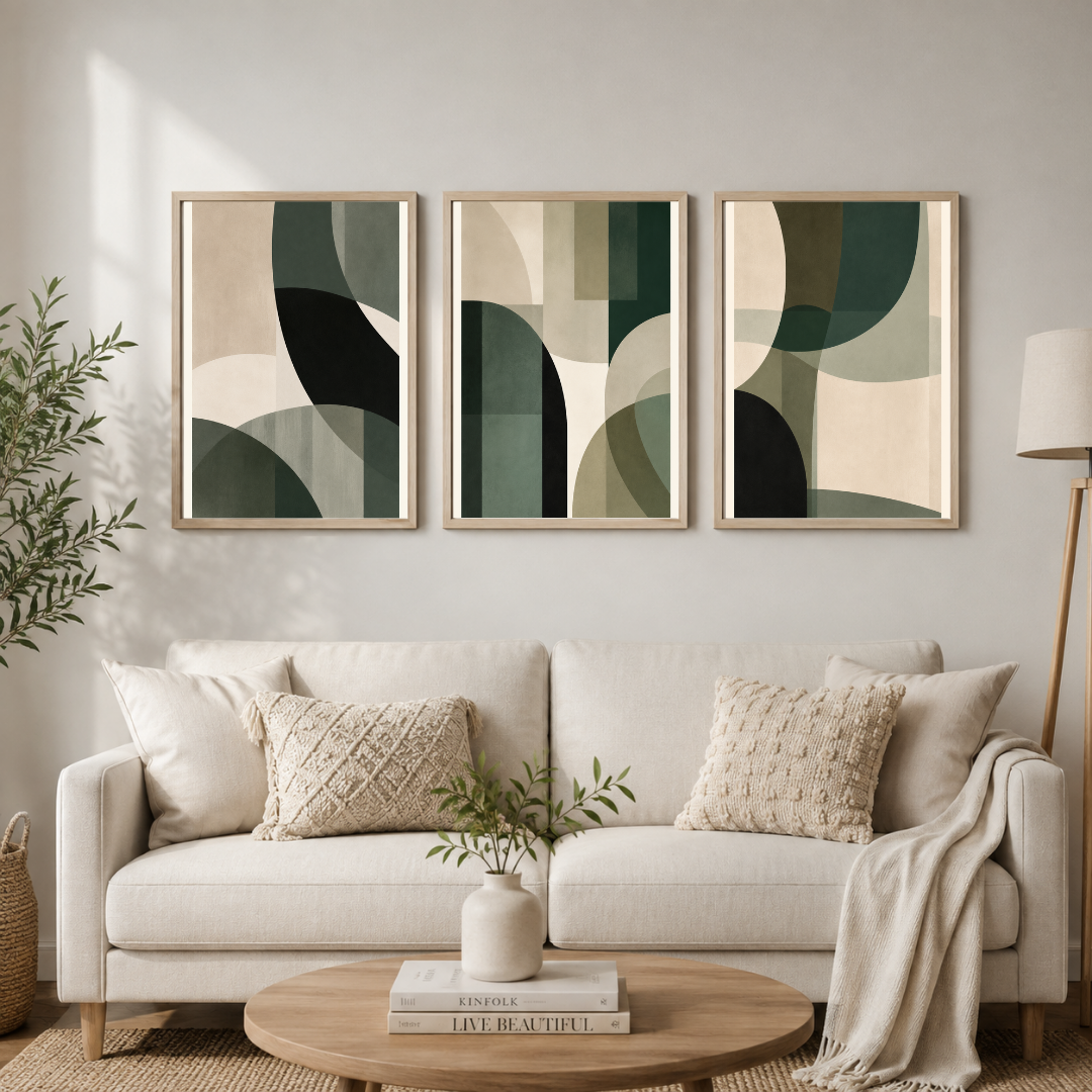 Modern Abstract Geometric Wall Art Set of 3 | Neutral Green & Black Framed Prints