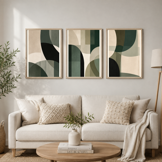 Modern Abstract Geometric Wall Art Set of 3 | Neutral Green & Black Framed Prints