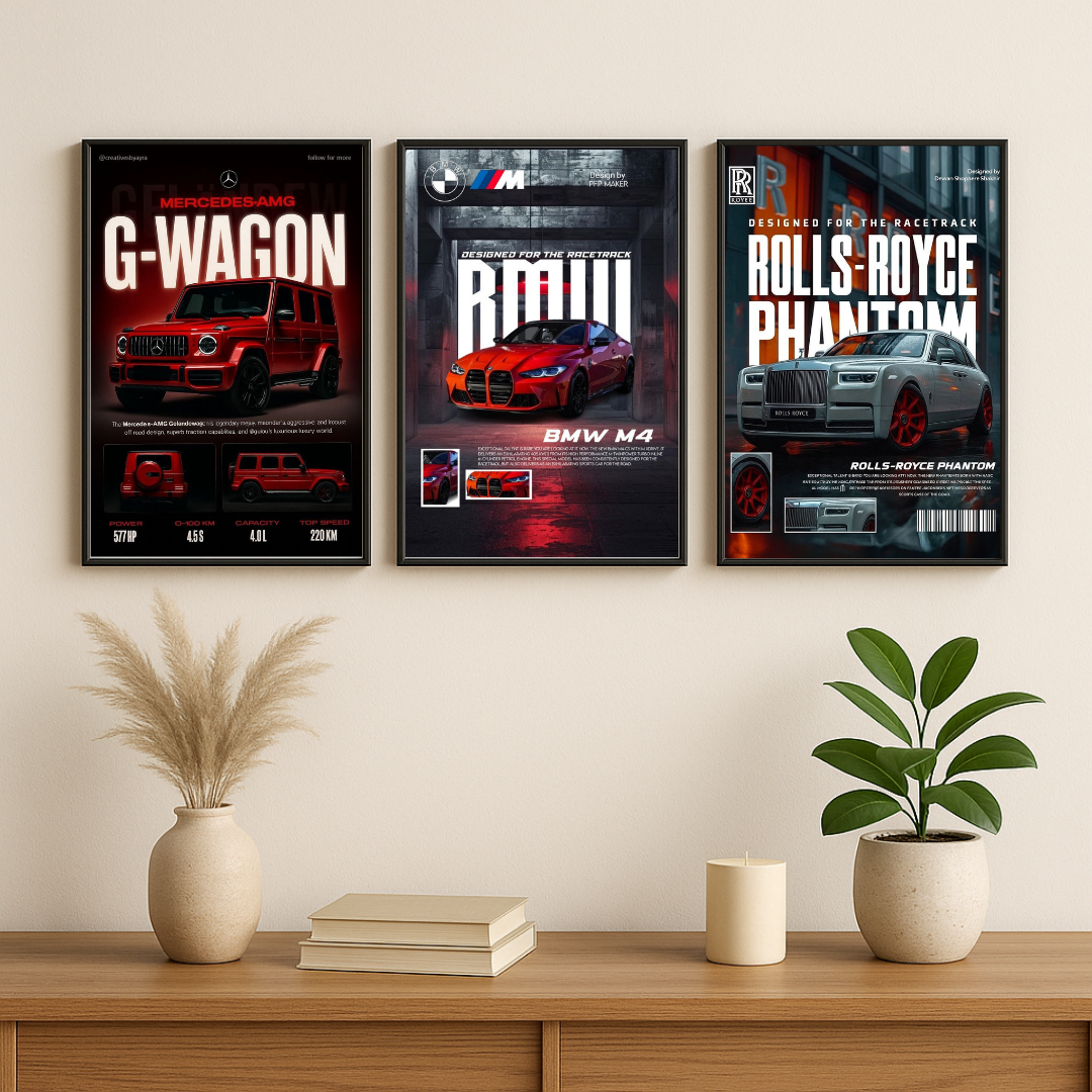 Luxury Performance Car Wall Art Set – G-Wagon, BMW M4 & Rolls-Royce Phantom Poster Trio (Set of 3) | Decorxhome