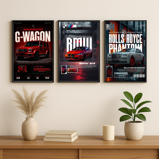 Luxury Performance Car Wall Art Set – G-Wagon, BMW M4 & Rolls-Royce Phantom Poster Trio (Set of 3) | Decorxhome