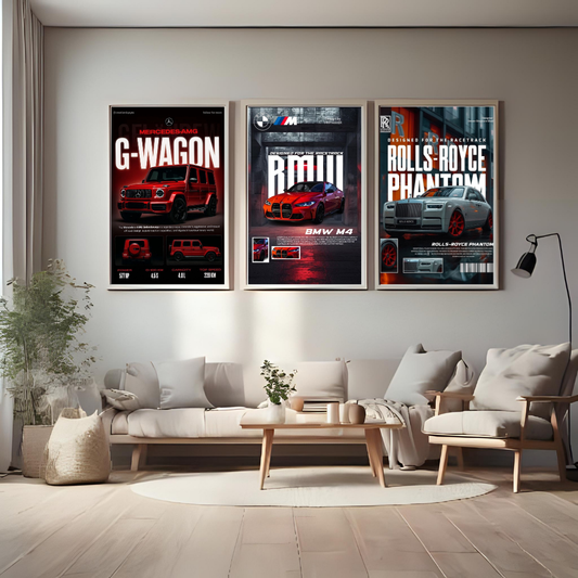 Luxury Performance Car Wall Art Set – G-Wagon, BMW M4 & Rolls-Royce Phantom Poster Trio (Set of 3) | Decorxhome