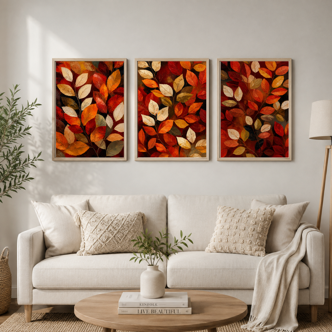 Autumn Leaves Wall Art Set of 3 | Rustic Botanical Framed Prints