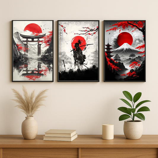 Japanese Samurai & Mount Fuji Wall Art Set – Red Sun Oriental Poster Trio (Set of 3) | Decorxhome