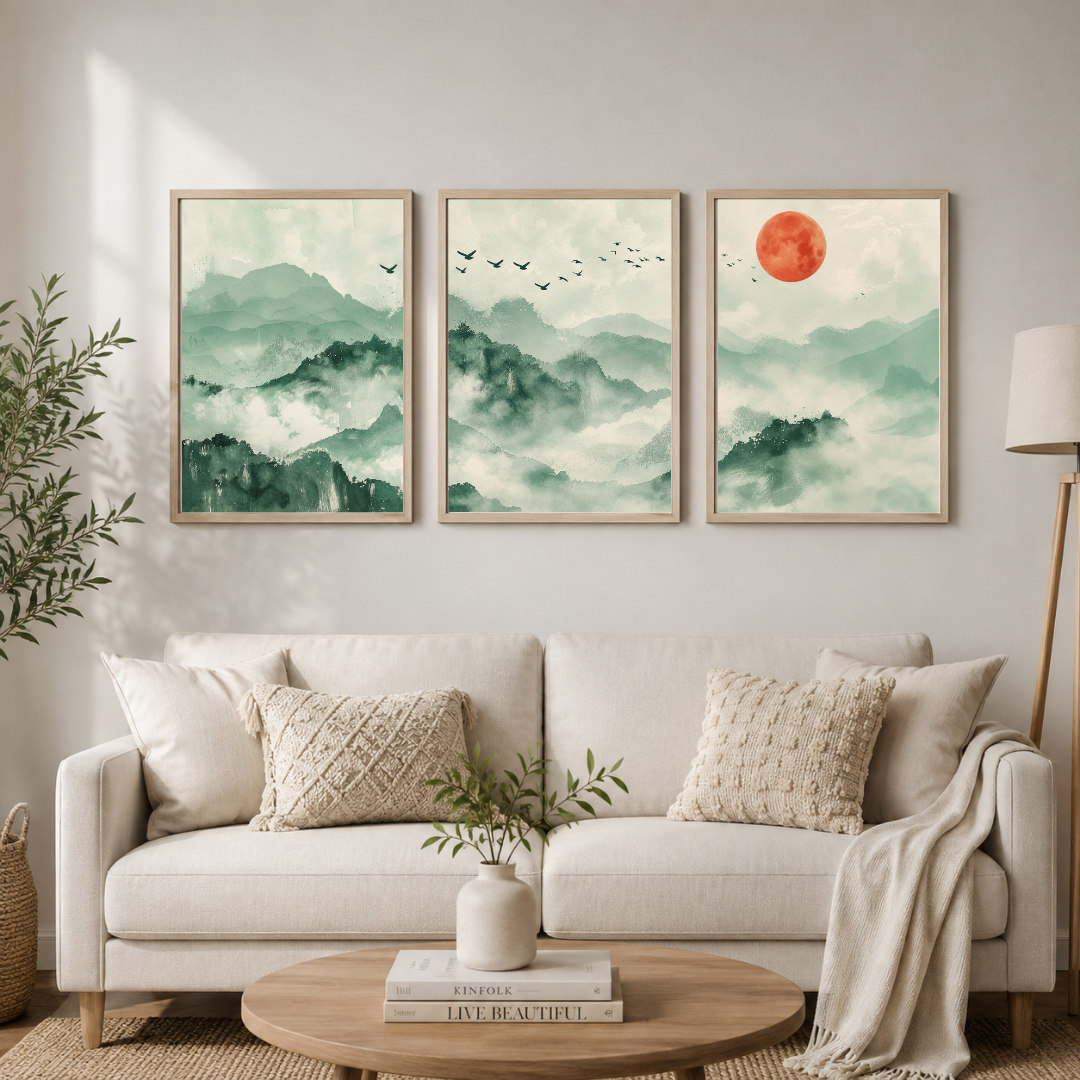 Misty Mountain Landscape Wall Art Set of 3 | Serene Green Nature Framed Prints