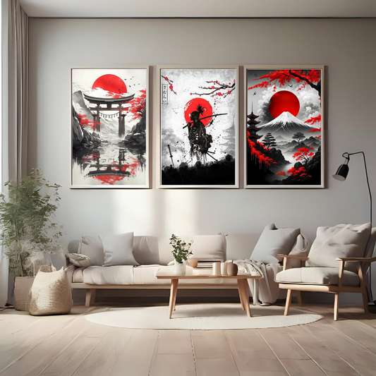 Japanese Samurai & Mount Fuji Wall Art Set – Red Sun Oriental Poster Trio (Set of 3) | Decorxhome