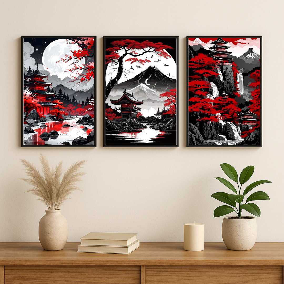 Moonlit Japan Landscape Wall Art Set – Red Sakura & Pagoda Poster Trio (Set of 3) | Decorxhome