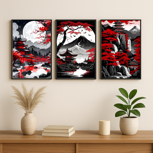 Moonlit Japan Landscape Wall Art Set – Red Sakura & Pagoda Poster Trio (Set of 3) | Decorxhome