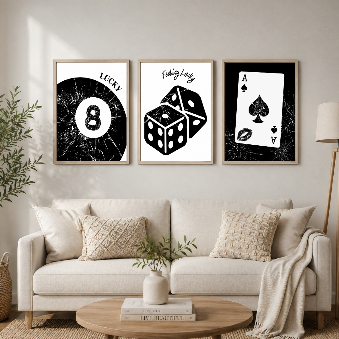 Lucky 8 Ball, Dice & Ace Wall Art Set of 3 | Black & White Casino-Inspired Framed Prints
