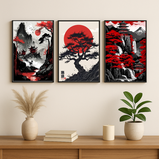 Japanese Red Sun & Sakura Landscape Wall Art Set – Oriental Mountain Poster Trio (Set of 3) | Decorxhome