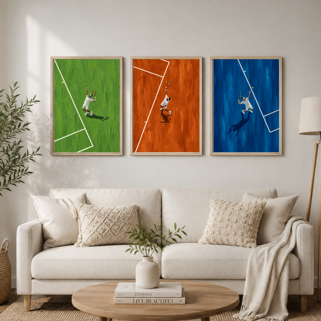 Tennis Court Action Wall Art Set of 3 | Colorful Sports Framed Prints