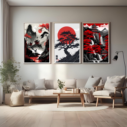 Japanese Red Sun & Sakura Landscape Wall Art Set – Oriental Mountain Poster Trio (Set of 3) | Decorxhome