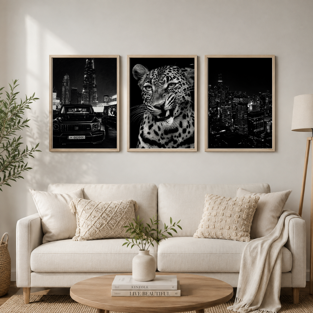 Luxury Black & White City, Leopard & Skyline Wall Art Set of 3 | Monochrome Framed Prints