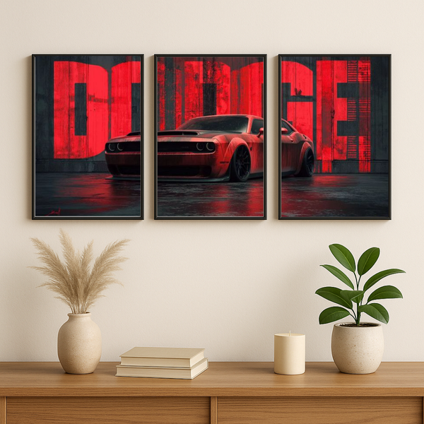 Dodge Muscle Car Wall Art Set – Red Performance Car Poster Trio (Set of 3) | Decorxhome
