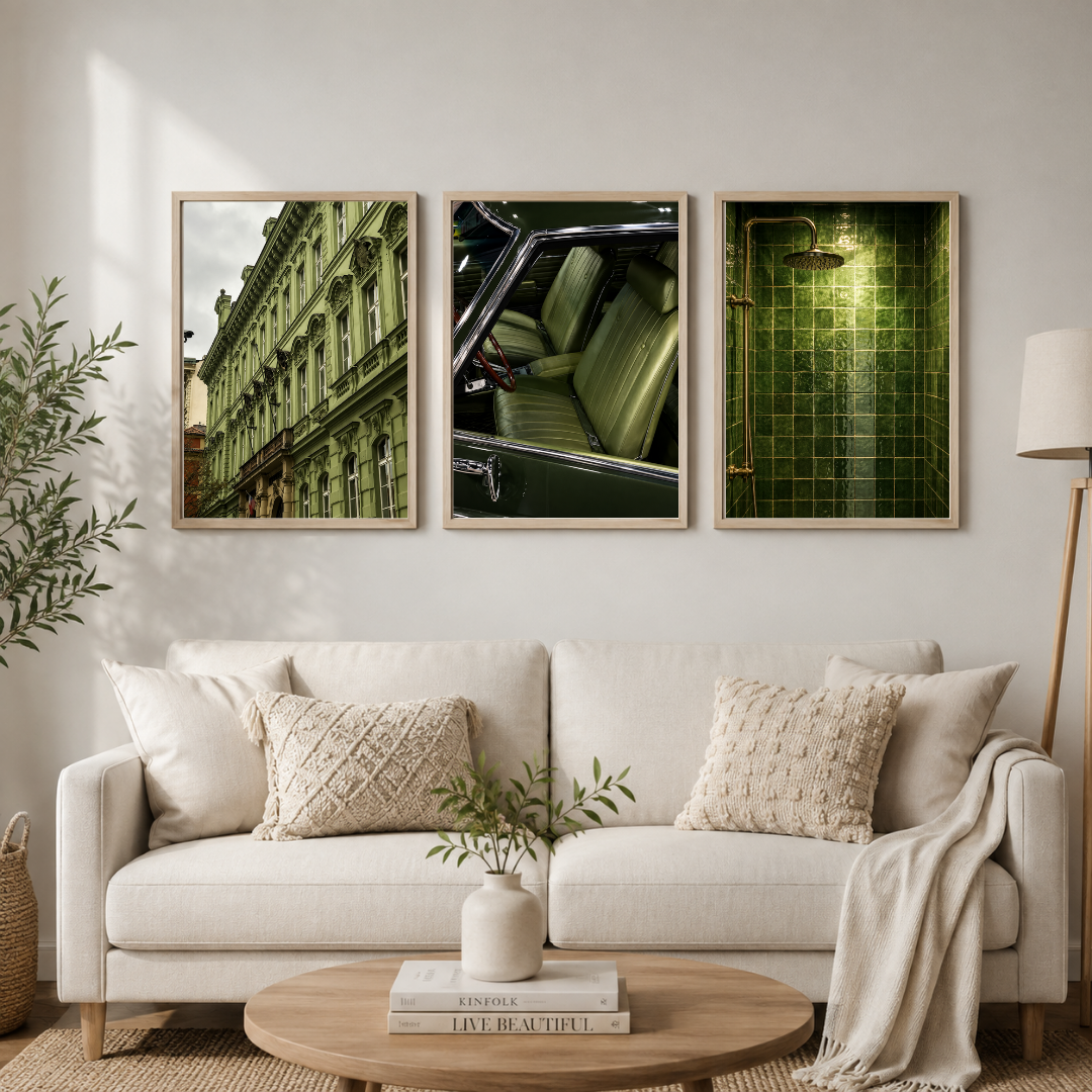 Vintage Green Aesthetic Wall Art Set – Retro Car, Architecture & Emerald Shower