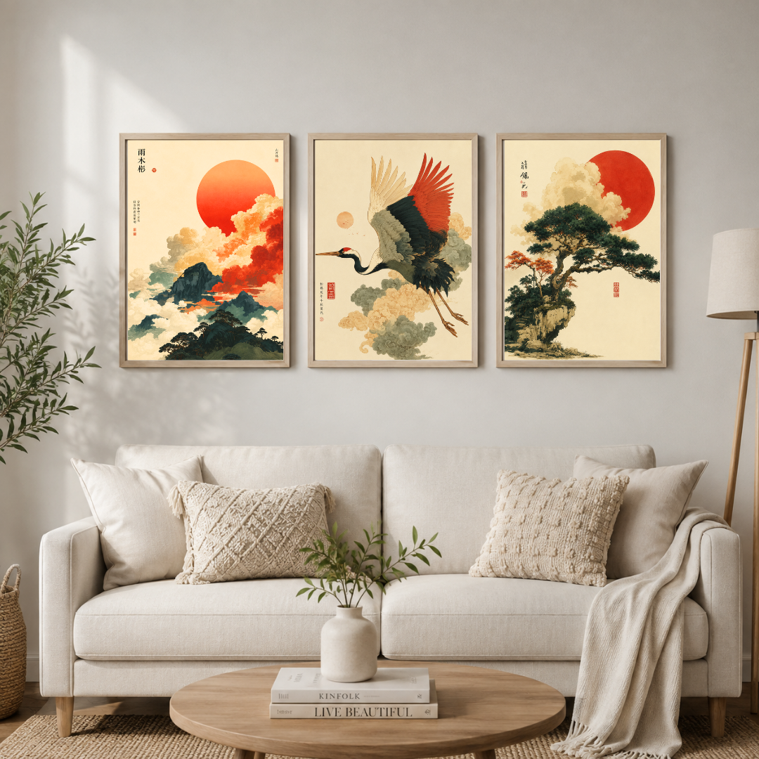Japanese Crane, Mountain & Pine Tree Wall Art Set of 3 | Oriental Nature Framed Art