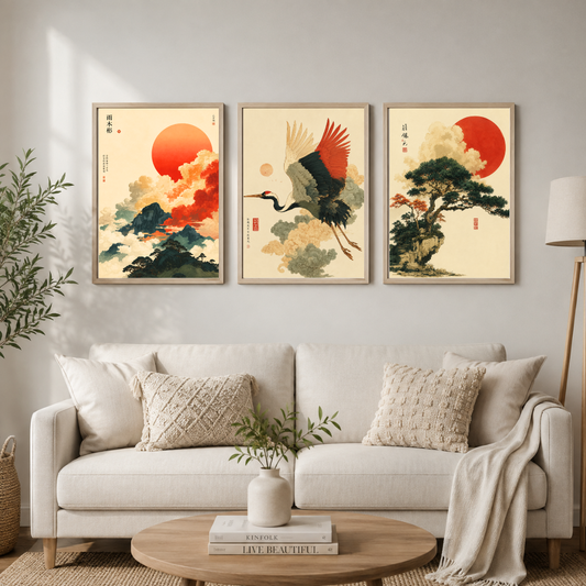 Japanese Crane, Mountain & Pine Tree Wall Art Set of 3 | Oriental Nature Framed Art