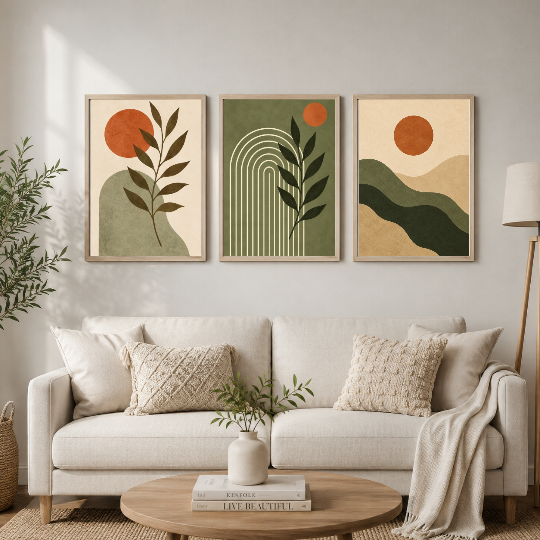 Minimalist Botanical Wall Art Set of 3 – Abstract Earthy Tones Framed Poster Set | Decorxhome