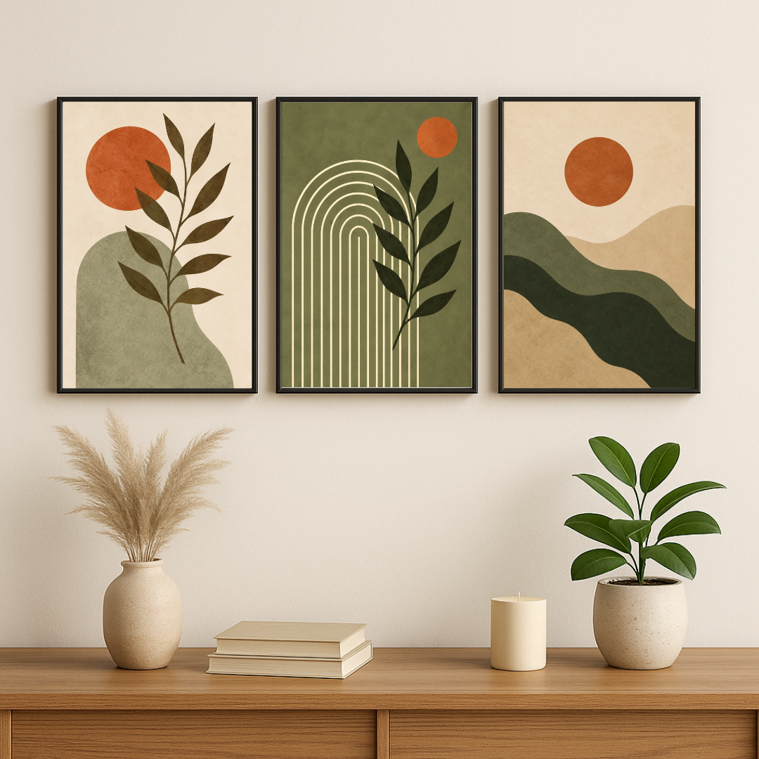Minimalist Botanical Wall Art Set of 3 – Abstract Earthy Tones Framed Poster Set | Decorxhome