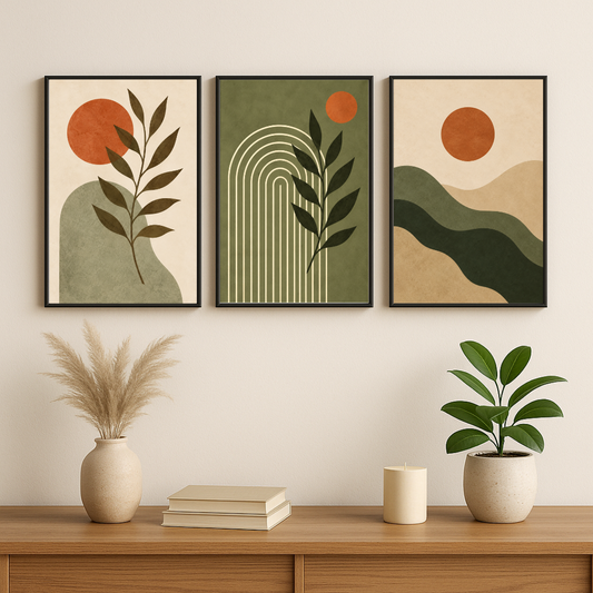 Minimalist Botanical Wall Art Set of 3 – Abstract Earthy Tones Framed Poster Set | Decorxhome