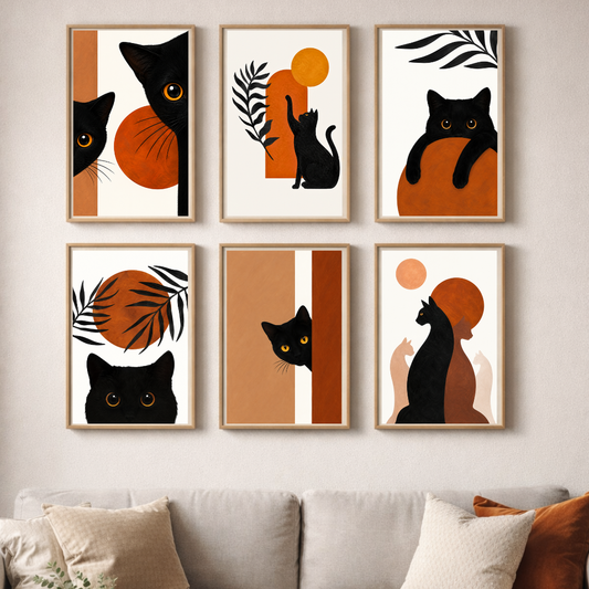 Black Cat Harmony – Modern Boho Cat Wall Art Set (6-Piece Gallery Collection)