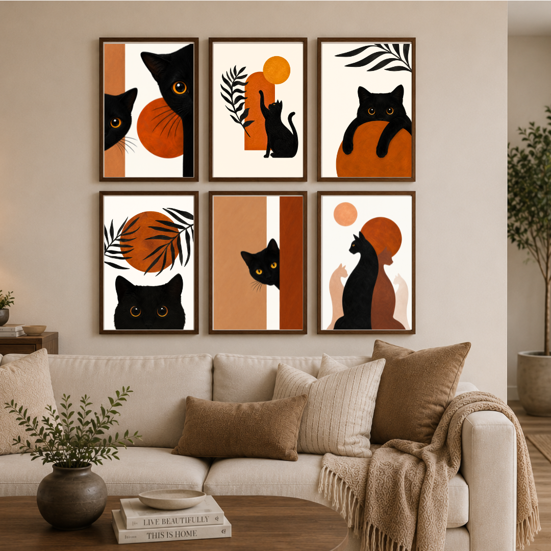 Black Cat Harmony – Modern Boho Cat Wall Art Set (6-Piece Gallery Collection)