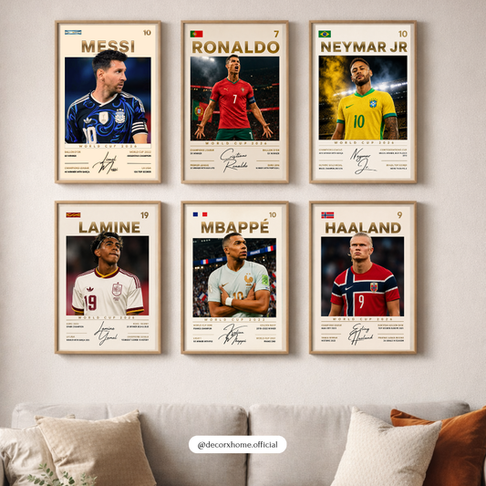 Football Legends Collection Poster Set | Messi Ronaldo Neymar Mbappé Haaland Lamine Yamal Wall Art | Decorxhome